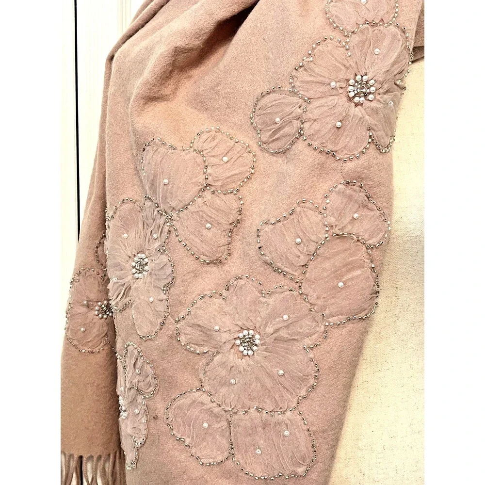 New JOIE Scarf Wrap 100% Wool Blush Pink Beaded Floral Sequin Fringe Soft Winter